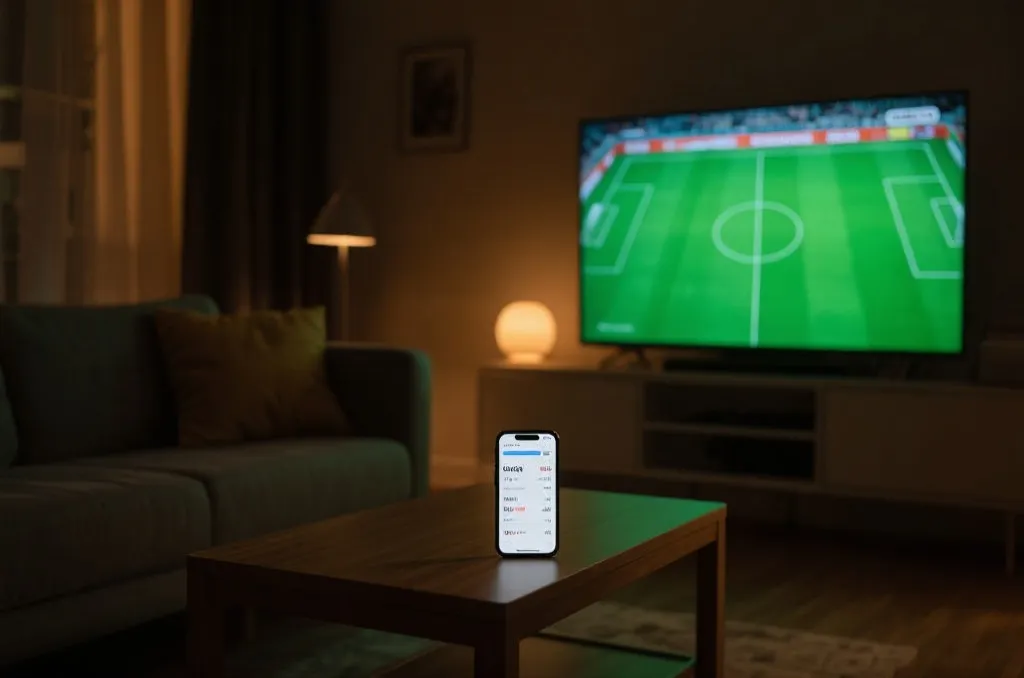 A cozy living room at night, a large unbranded flat-screen TV showing a bright green soccer field, a generic smartphone on a coffee table displaying sports match statistics, warm lighting, editorial style